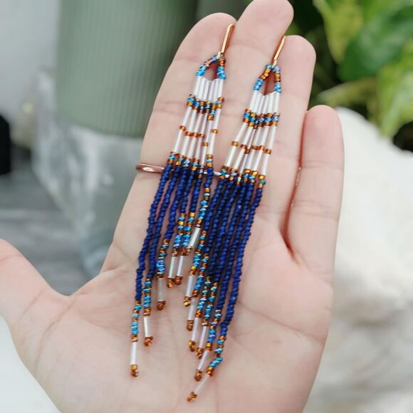 Beaded Fringe Dangle Earrings, Seed Bead Jewelry, Boho Chic Statement 5" - Picture 1 of 8